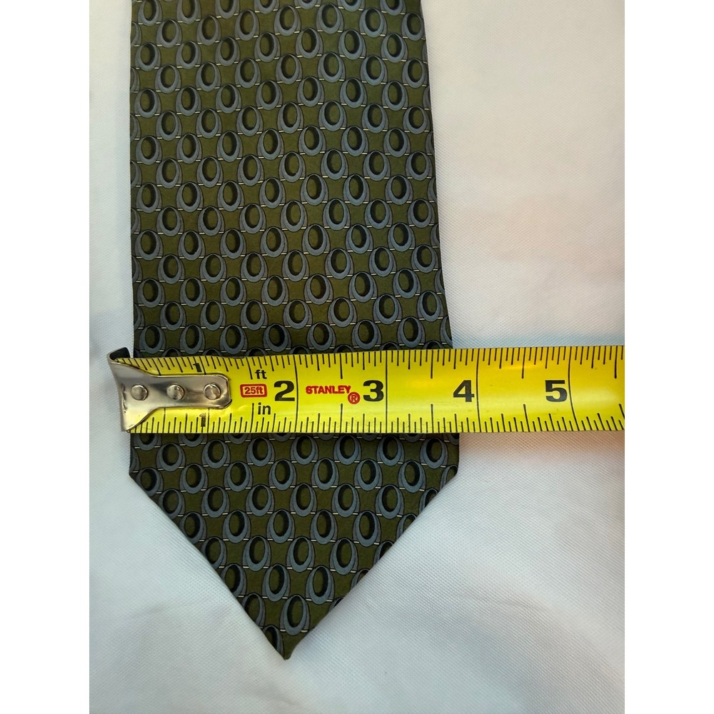 Kolte Italy Mens Silk Tie Olive Green Grey Geometric Oval Pattern Handmade Italy - Picture 6 of 6